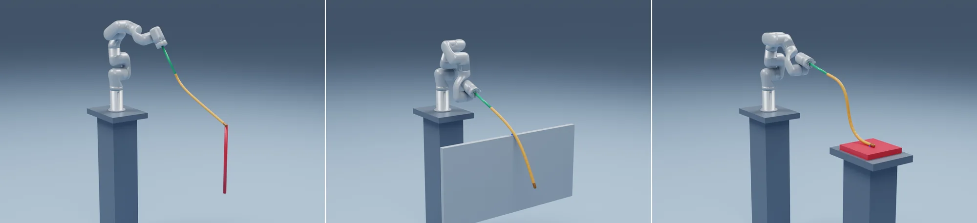 Blender render of the xArm robot performing 3D rope striking, draping over a wall, and lobbing onto a target